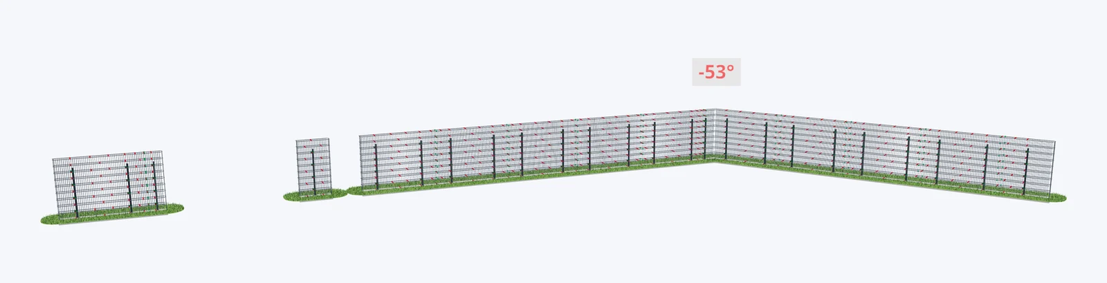 3D-Zeichnung: Gabionenzaun mit Knick 53° und Öffnungen für Tor und Pforte