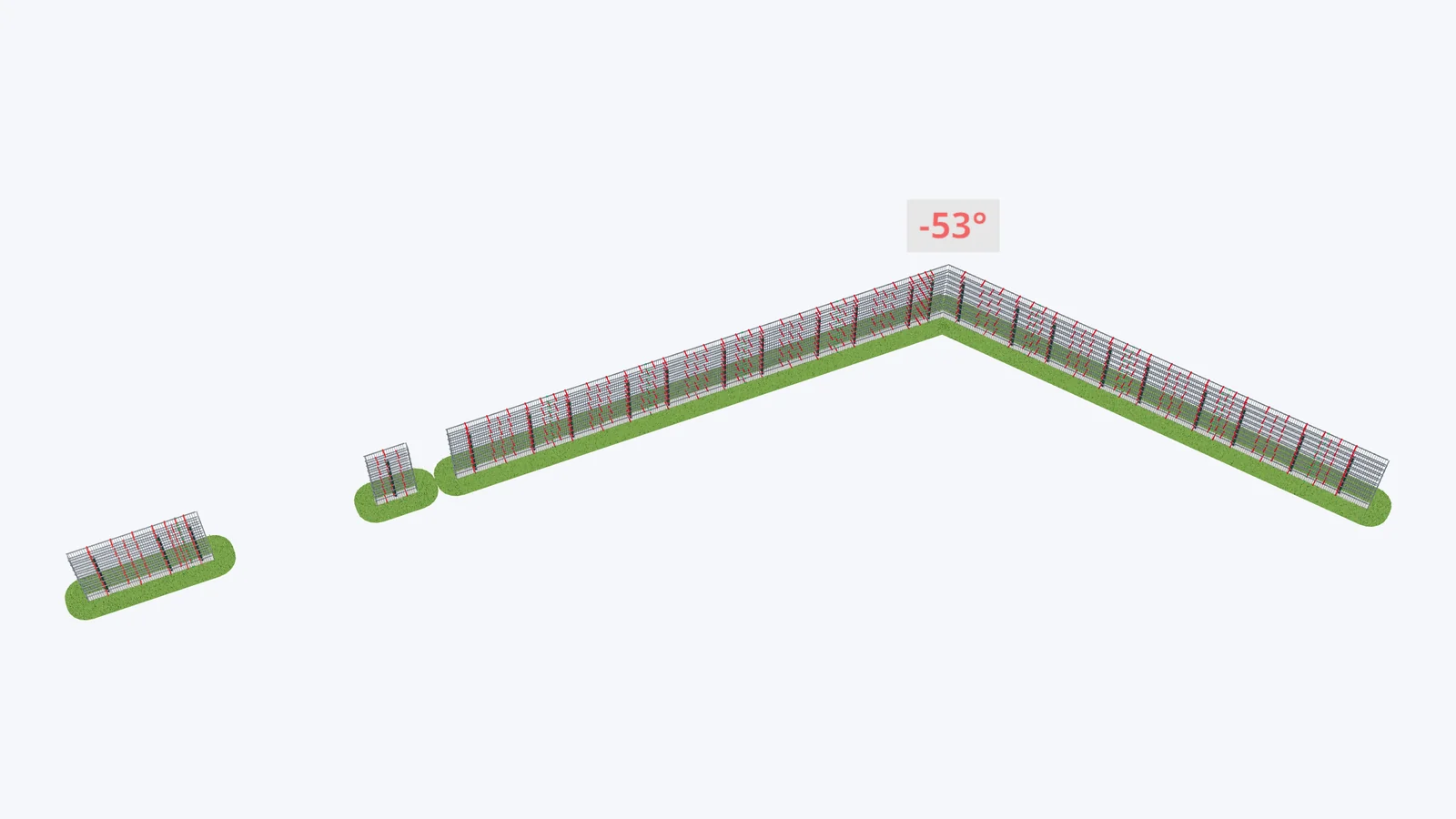 3D-Zeichnung: Gabionenzaun mit Knick 53°, mit Öffnung für Tor und Pforte