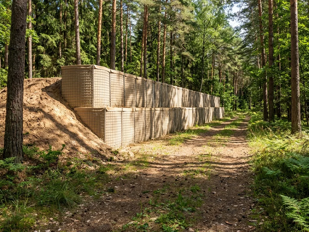 Visualisierung: zweilagige Barriere aus sandgefüllten DEFENCE-Körben an einem Waldweg