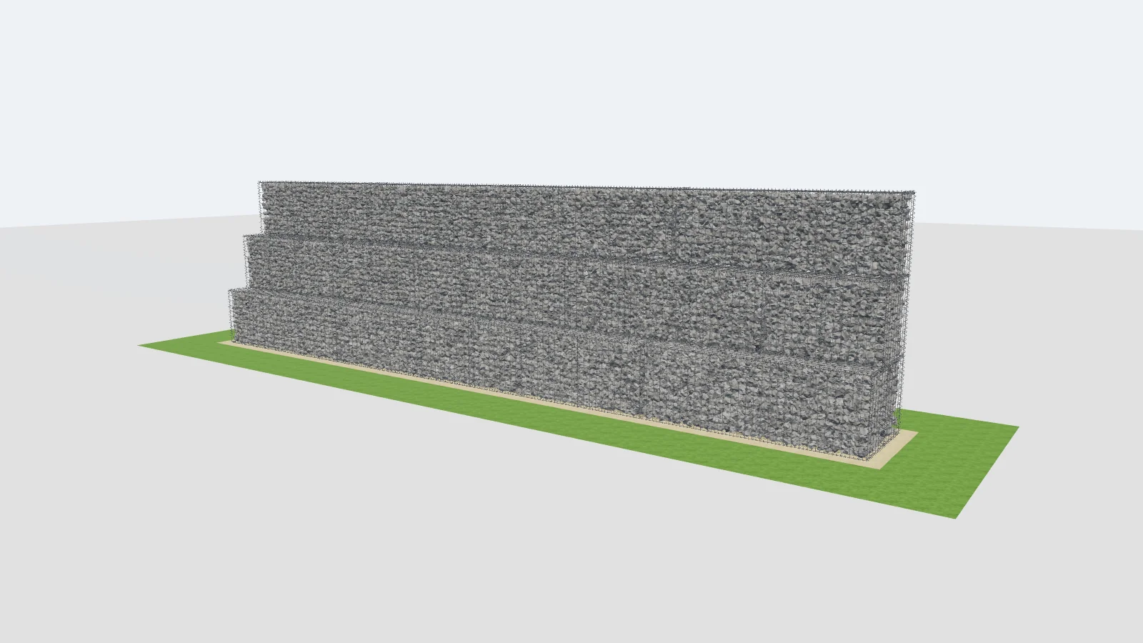 3D-Zeichnung aus unserem Programm: gestufte Stützmauer aus drei Lagen Gabionenkörbe